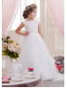 Cap Sleeves Tulle Pearl Beaded Flower Girl Dress